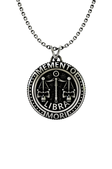 Memento Mori Libra Pendant in 925 sterling silver, front view showing the Libra scales with skull details.