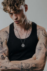 Memento Mori Libra Pendant in 925 sterling silver worn as a piece of meaningful zodiac and philosophical jewelry.