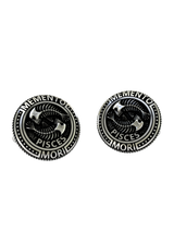 Memento Mori Pisces Cufflinks in 925 sterling silver - front view showing the detailed fishbone skeletons and zodiac inscription.