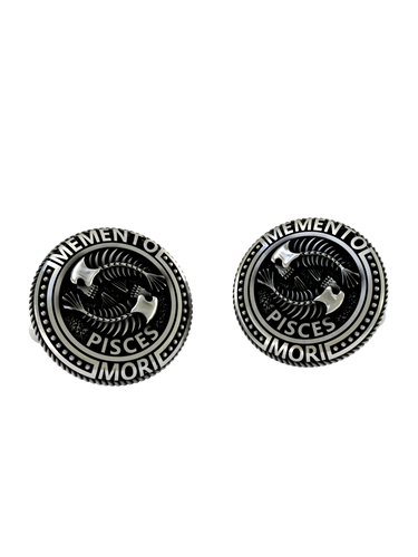 Memento Mori Pisces Cufflinks in 925 sterling silver - front view showing the detailed fishbone skeletons and zodiac inscription.