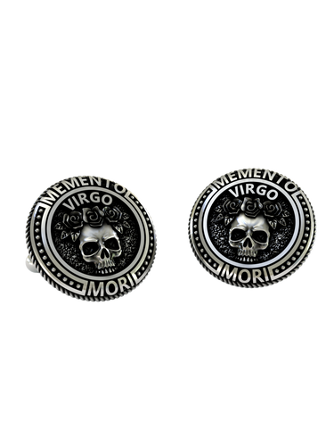 Memento Mori Virgo 925 sterling silver cufflinks - front view showcasing the iconic skull, rose, and zodiac design.