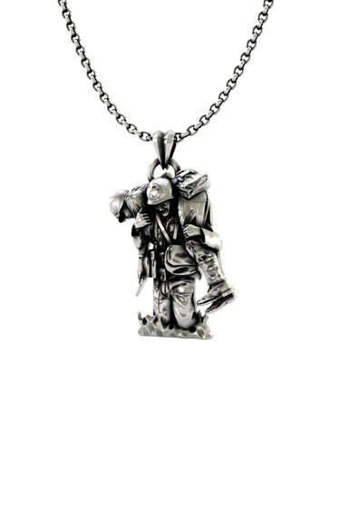 Military Hero Pendant in 925 sterling silver, showing a combat medic rescuing a wounded soldier.