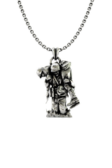 Military Hero Pendant shown on a model to demonstrate its size and wearability as a meaningful necklace.