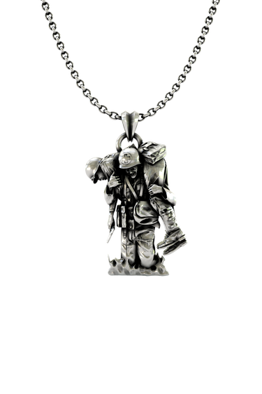 Military Hero Pendant shown on a model to demonstrate its size and wearability as a meaningful necklace.