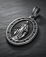 Miraculous Medal Pendant 925 silver on textured stone displaying Mary conceived without sin inscription and radiating light