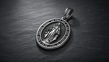 Miraculous Medal Pendant 925 silver on textured stone displaying Mary conceived without sin inscription and radiating light