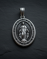 Miraculous Medal Pendant 925 sterling silver - front view featuring Virgin Mary with rays of grace and 1830 inscription