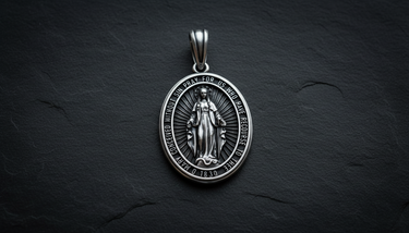 Miraculous Medal Pendant 925 sterling silver - front view featuring Virgin Mary with rays of grace and 1830 inscription