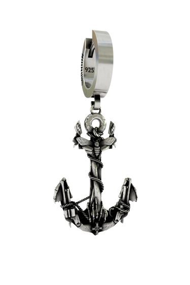 Nautical Anchor Earring in 925 sterling silver - front view showcasing the detailed, rope-wrapped anchor charm.