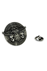 Never Retreat Never Surrender Pin in 925 sterling silver, front view showing the eagle, shield, and skulls.