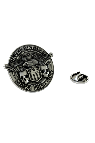 Never Retreat Never Surrender Pin in 925 sterling silver, front view showing the eagle, shield, and skulls.