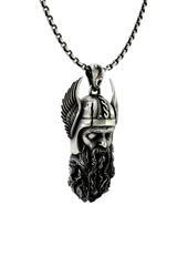 Norse Allfather Pendant shown on a model to demonstrate its size and powerful presence as a statement necklace.