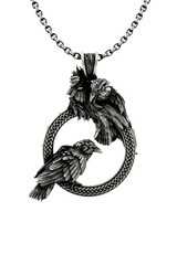 Odin Ravens Pendant in 925 sterling silver, featuring Huginn and Muninn perched on a Celtic knot ring.