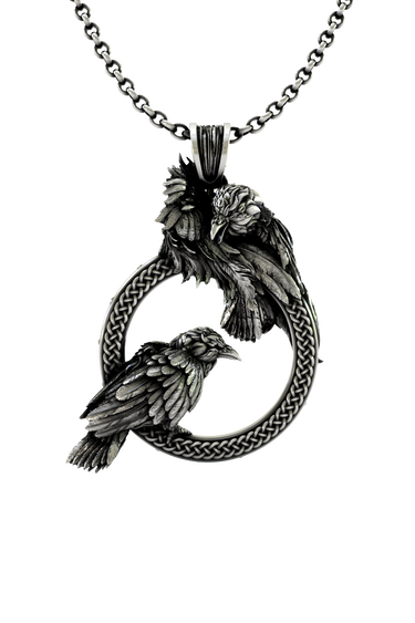 Odin Ravens Pendant in 925 sterling silver, featuring Huginn and Muninn perched on a Celtic knot ring.