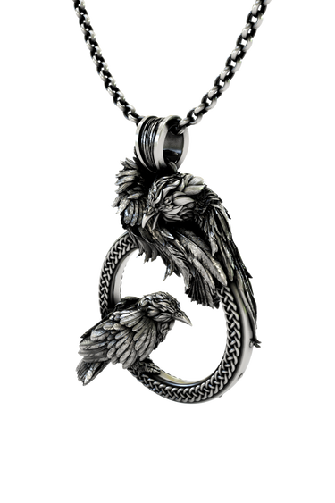 Odin Ravens Pendant in 925 sterling silver worn as a profound symbol of wisdom and Norse mythology.