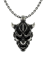Oni Mask Pendant in 925 sterling silver, front view showcasing the ferocious Japanese demon face.