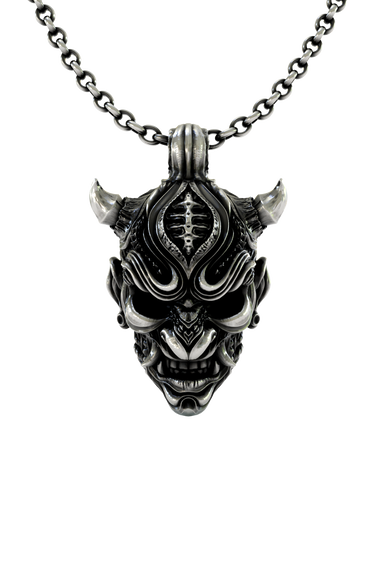 Oni Mask Pendant in 925 sterling silver, front view showcasing the ferocious Japanese demon face.