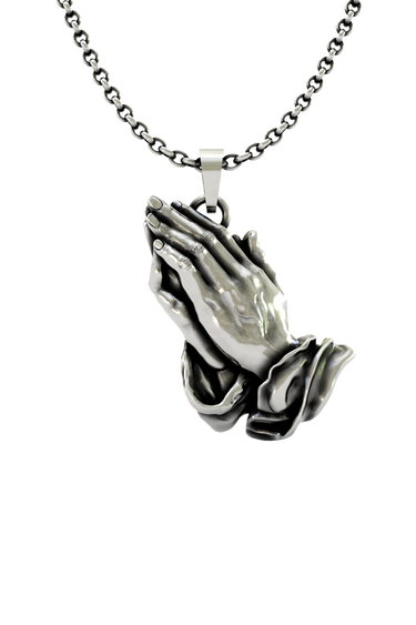 Oni Mask Pendant shown on a model to demonstrate its size and powerful presence as a statement necklace.