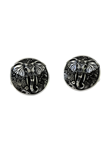Ornate Elephant Cufflinks in 925 sterling silver - a direct front view showcasing the intricate ceremonial patterns and botanical details.