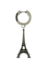 Parisian Tower Earring in 925 sterling silver - front view showcasing the iconic landmark charm and modern huggie hoop.