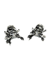 Pirate Skull Cufflinks in 925 sterling silver - front view showcasing the skull, eyepatch, and crossed flintlock pistols.