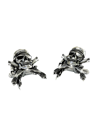 Pirate Skull Cufflinks in 925 sterling silver - front view showcasing the skull, eyepatch, and crossed flintlock pistols.