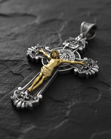 Profile angle of Saint Benedict Crucifix Pendant highlighting three-dimensional Jesus figure and decorative cross terminals