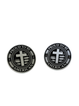 Proud to be American Cufflinks in 925 sterling silver - front view showcasing the Christian cross over the American flag.