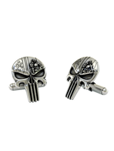 Punisher Skull Biker 925 sterling silver cufflinks - angled pair view showcasing the American flag and motorcycle details.