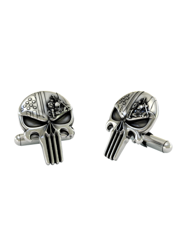 Punisher Skull Biker 925 sterling silver cufflinks - angled pair view showcasing the American flag and motorcycle details.