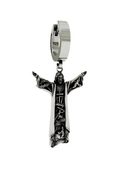 Risen Christ Earring in 925 sterling silver - front view showcasing the detailed figure with outstretched arms