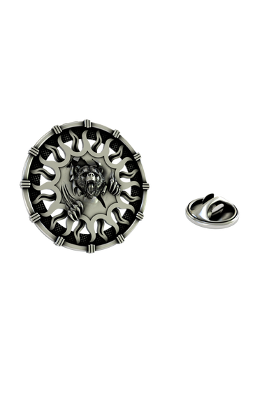 Roaring Bear Lapel Pin in 925 sterling silver, showing the fierce bear bursting through its frame.