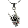 Rock Skull Pendant in 925 sterling silver, front view showing the "rock on" hand gesture and skull with red eyes.