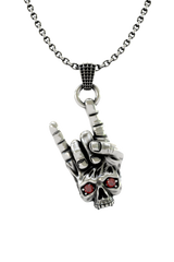 Rock Skull Pendant in 925 sterling silver, front view showing the "rock on" hand gesture and skull with red eyes.