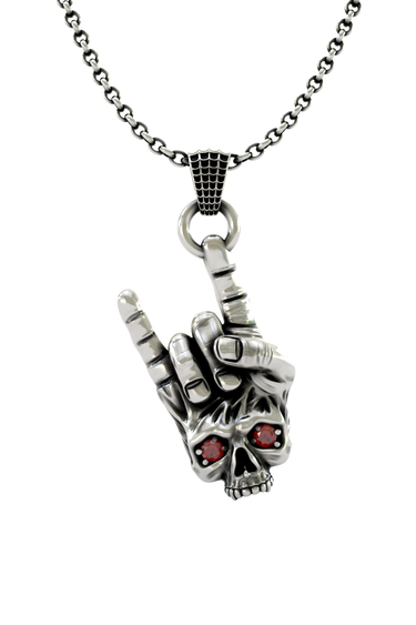 Rock Skull Pendant in 925 sterling silver, front view showing the "rock on" hand gesture and skull with red eyes.