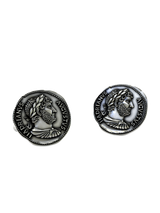 Roman Emperor Hadrian 925 sterling silver cufflinks - angled pair view of the authentic 'Hadrianus Augustus' coin replica.