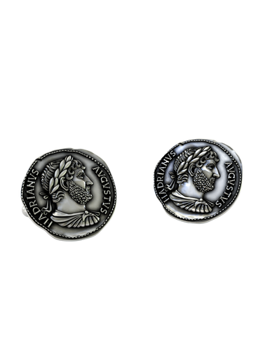 Roman Emperor Hadrian 925 sterling silver cufflinks - angled pair view of the authentic 'Hadrianus Augustus' coin replica.