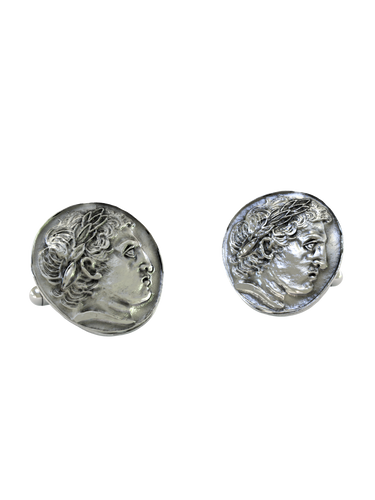 Roman Emperor Laurel Wreath 925 sterling silver cufflinks - angled pair view of the classic ancient coin design.