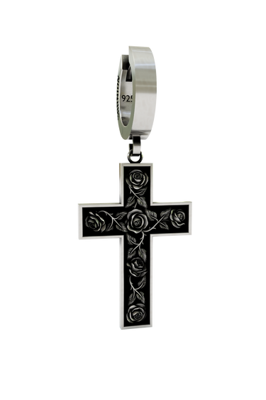 Rose Cross Earring in 925 sterling silver - front view showcasing the intricate rose vine engraving on the cross charm.