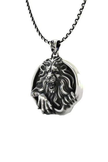 Royal Fury Pendant shown on a model to demonstrate its impressive size and powerful aesthetic.