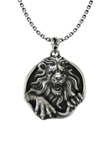 Royal Fury lion pendant in 925 sterling silver, front view of the roaring lion breaking out of its frame.