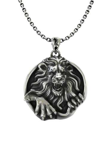 Royal Fury lion pendant in 925 sterling silver, front view of the roaring lion breaking out of its frame.