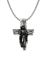 Sacred Cross Pendant in 925 sterling silver, front view showing the standing figure of Christ on a rustic, wood-textured cross.