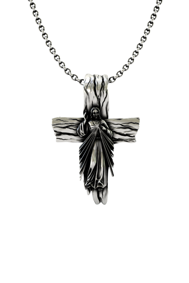 Sacred Cross Pendant in 925 sterling silver, front view showing the standing figure of Christ on a rustic, wood-textured cross.