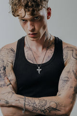 Sacred Cross Pendant in 925 sterling silver worn as a unique and artistic statement of Christian faith.