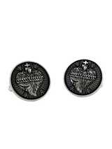Sacred Heart Cufflinks in 925 sterling silver - a direct front view showcasing the detailed heart, cross, and crown of thorns.