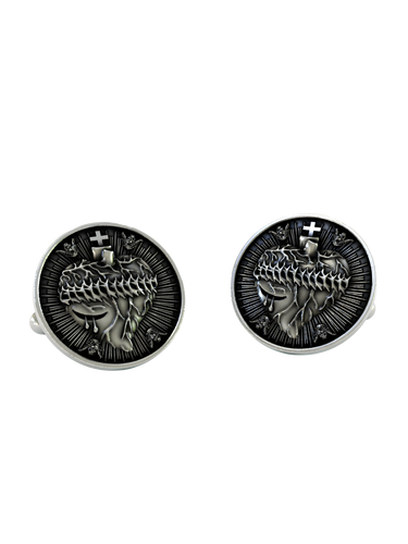 Sacred Heart Cufflinks in 925 sterling silver - a direct front view showcasing the detailed heart, cross, and crown of thorns.
