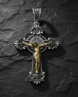 Saint Benedict Crucifix Pendant 925 silver and gold cross on textured stone displaying elaborate scrollwork and benedict medal center