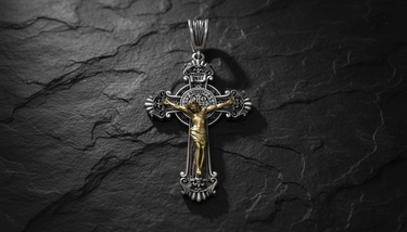 Saint Benedict Crucifix Pendant 925 silver and gold cross on textured stone displaying elaborate scrollwork and benedict medal center