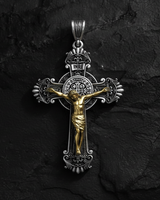 Saint Benedict Crucifix Pendant 925 sterling silver and gold-tone cross - front view showcasing ornate baroque design with benedict medal